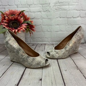 BCBGeneration wedge peep toe heels size 10 metallic snakeskin